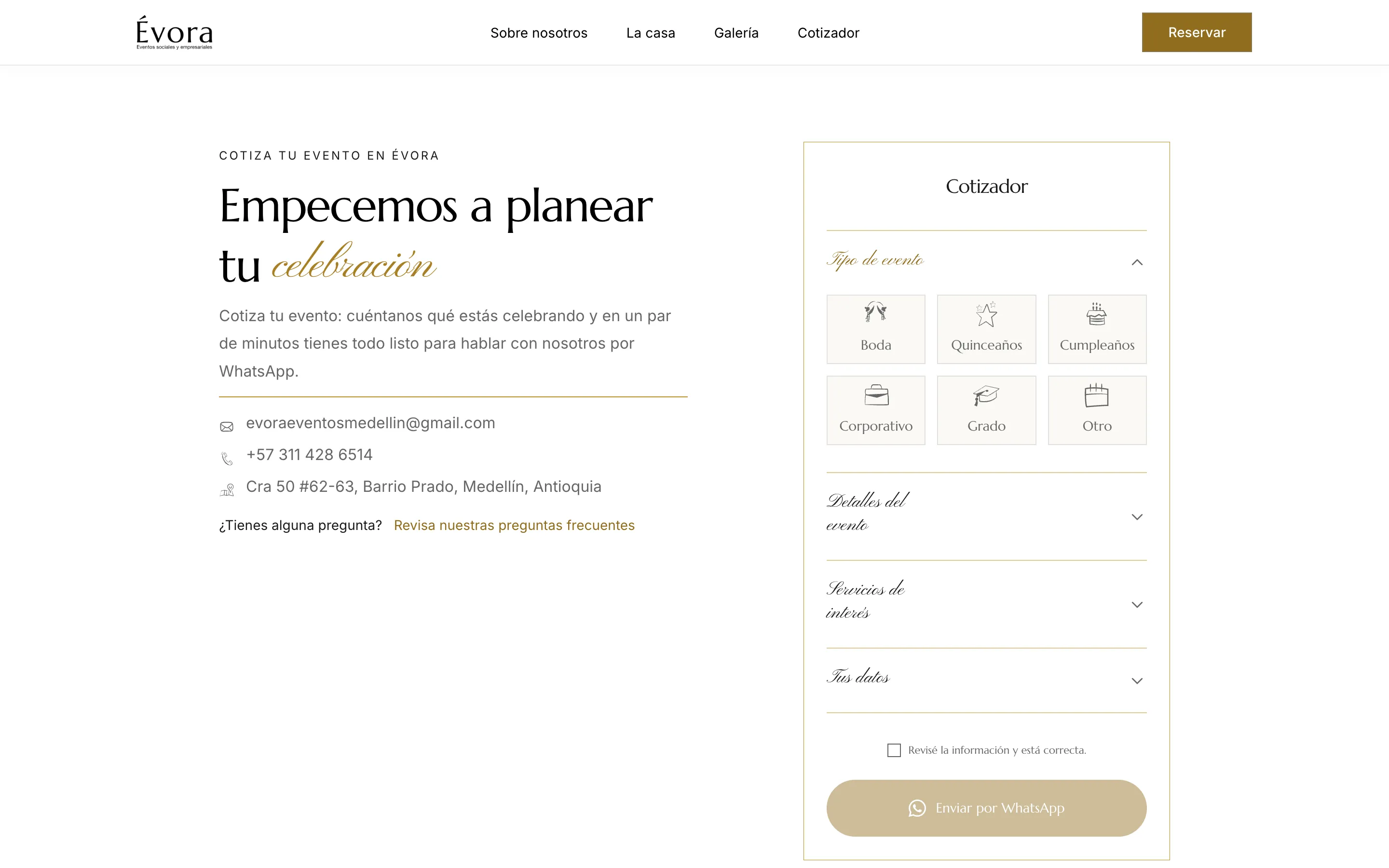 Évora’s quote builder on arrival: the event type step open with six options and the WhatsApp button dimmed