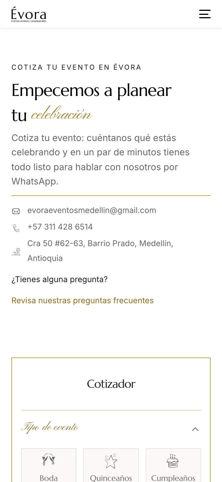 Quote builder on a phone: event types as cards with hand-drawn icons