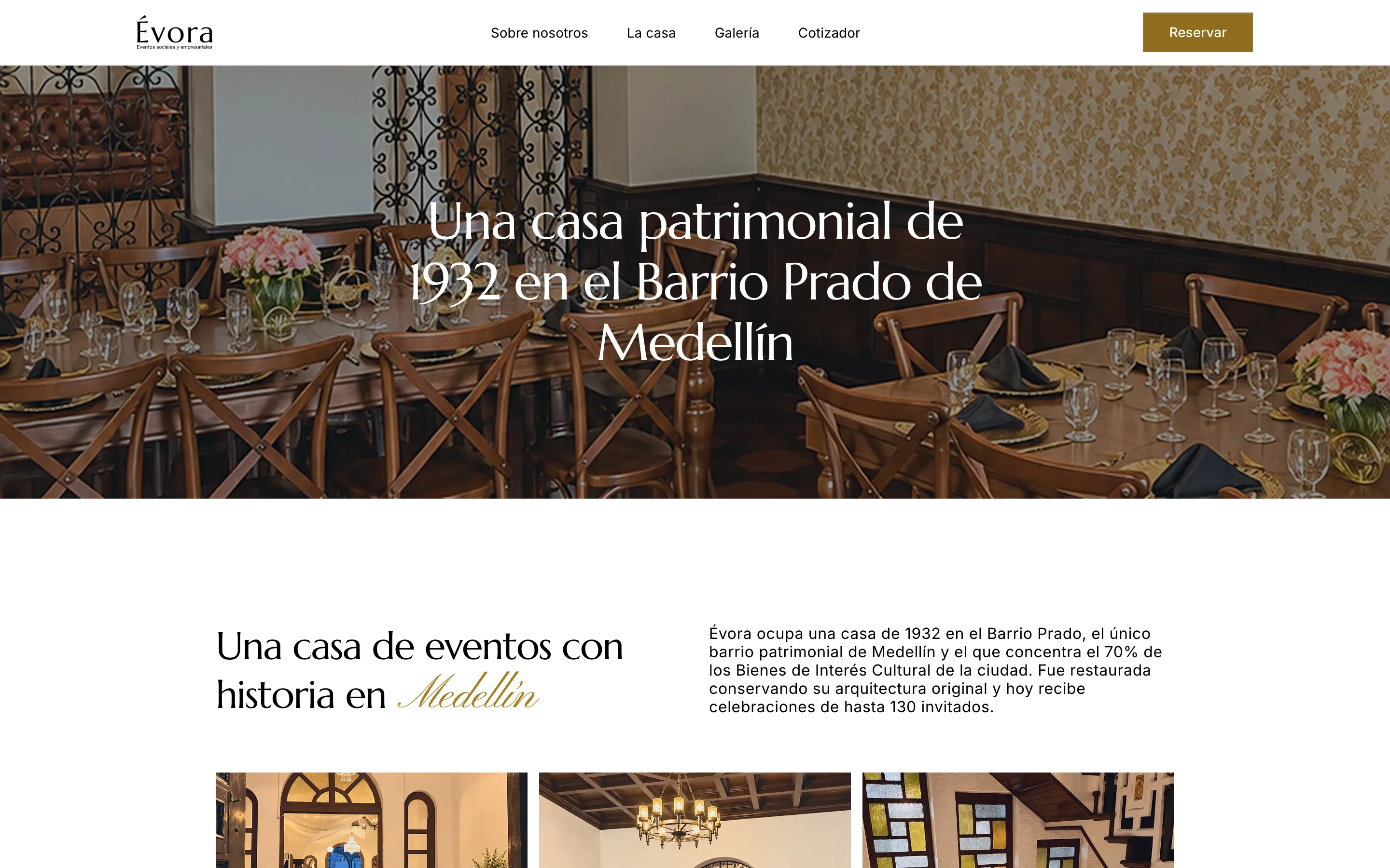Évora’s house page: a dining room with wooden chairs and a headline about a 1932 heritage house in Barrio Prado
