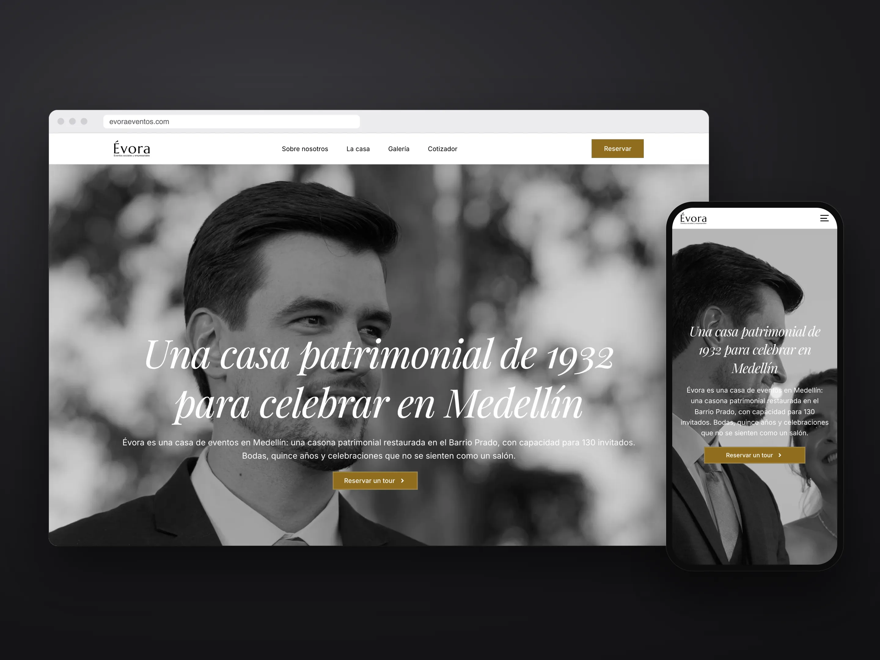 The Évora website in a browser and on a phone: a black-and-white hero titled “A heritage house from 1932 to celebrate in Medellín”