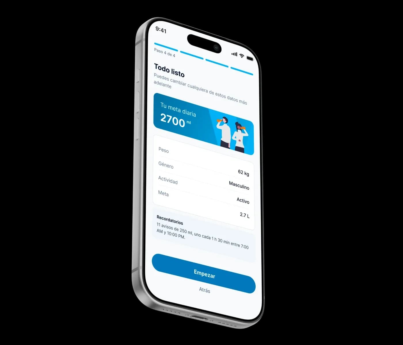 Onboarding step 4 of 4, “All set” (in Spanish): a card with the 2700 ml daily goal, a summary of weight, gender, activity and goal, and the reminders: 11 reminders of 250 ml between 7 am and 10 pm