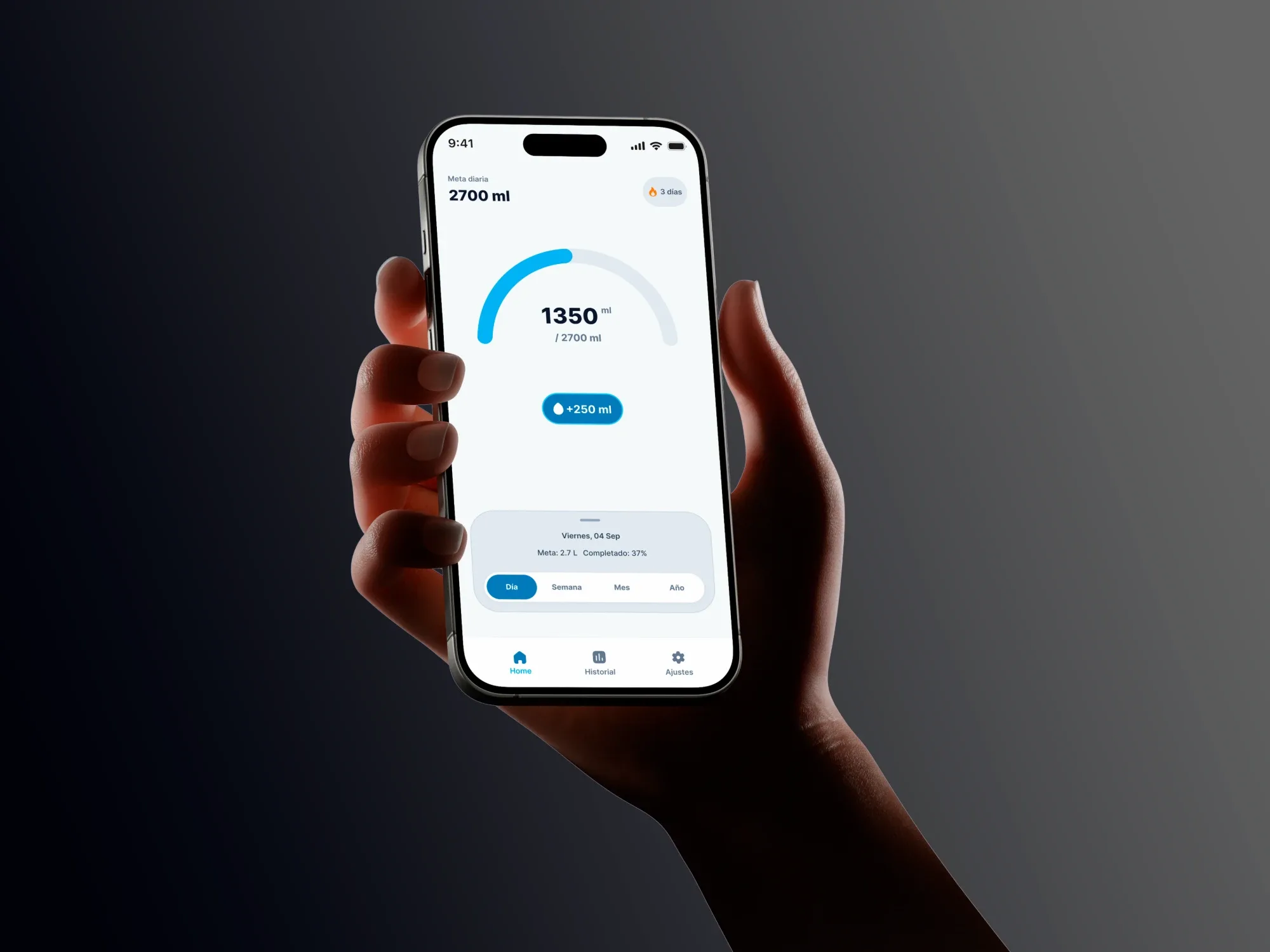 Glup on an iPhone held in a hand: a 2700 ml daily goal, a 3-day streak, the progress arc at 1350 ml and the button to add 250 ml
