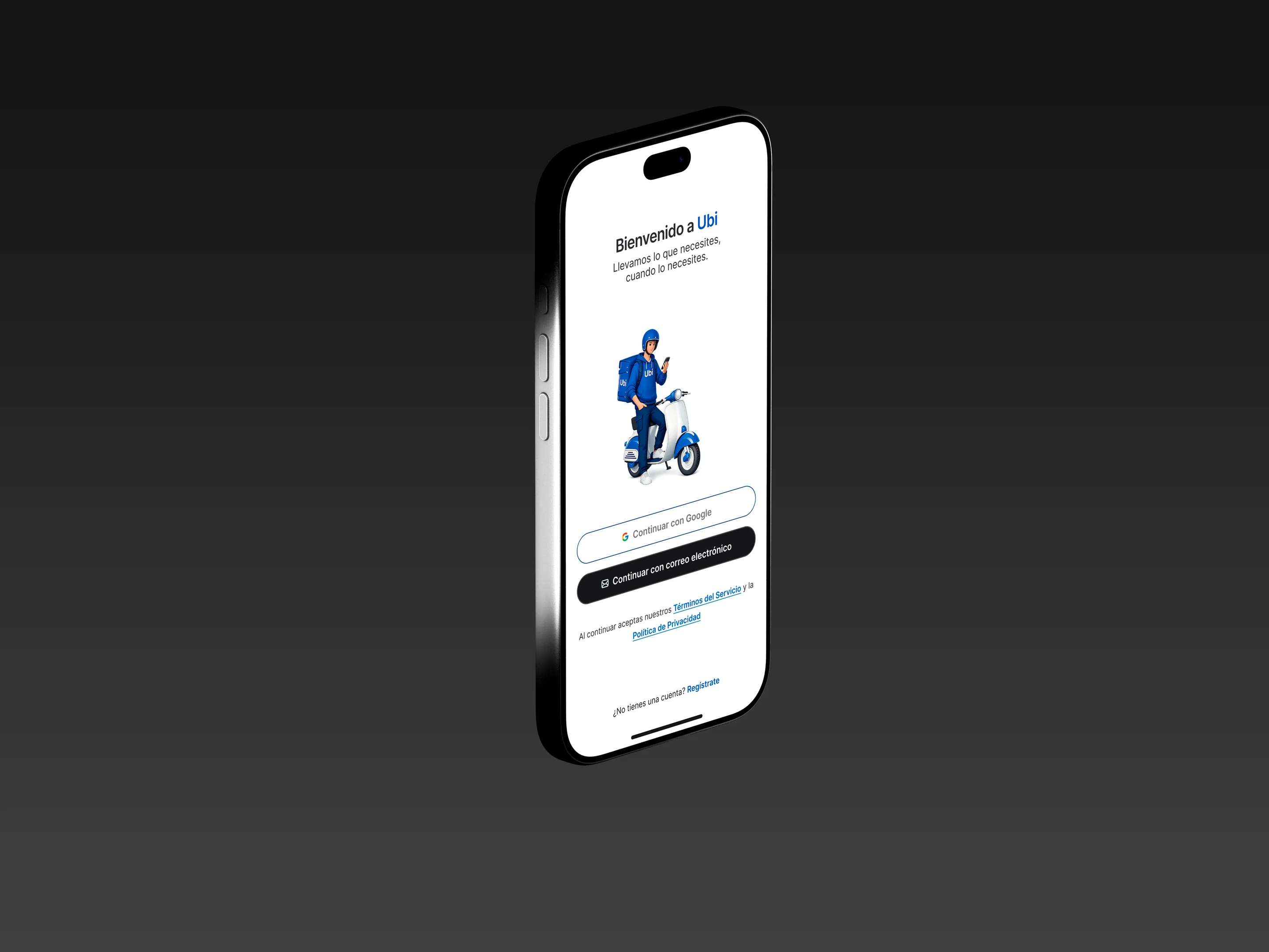 App Ubi en un iPhone: pantalla de bienvenida con el ingreso con Google o con correo electrónico