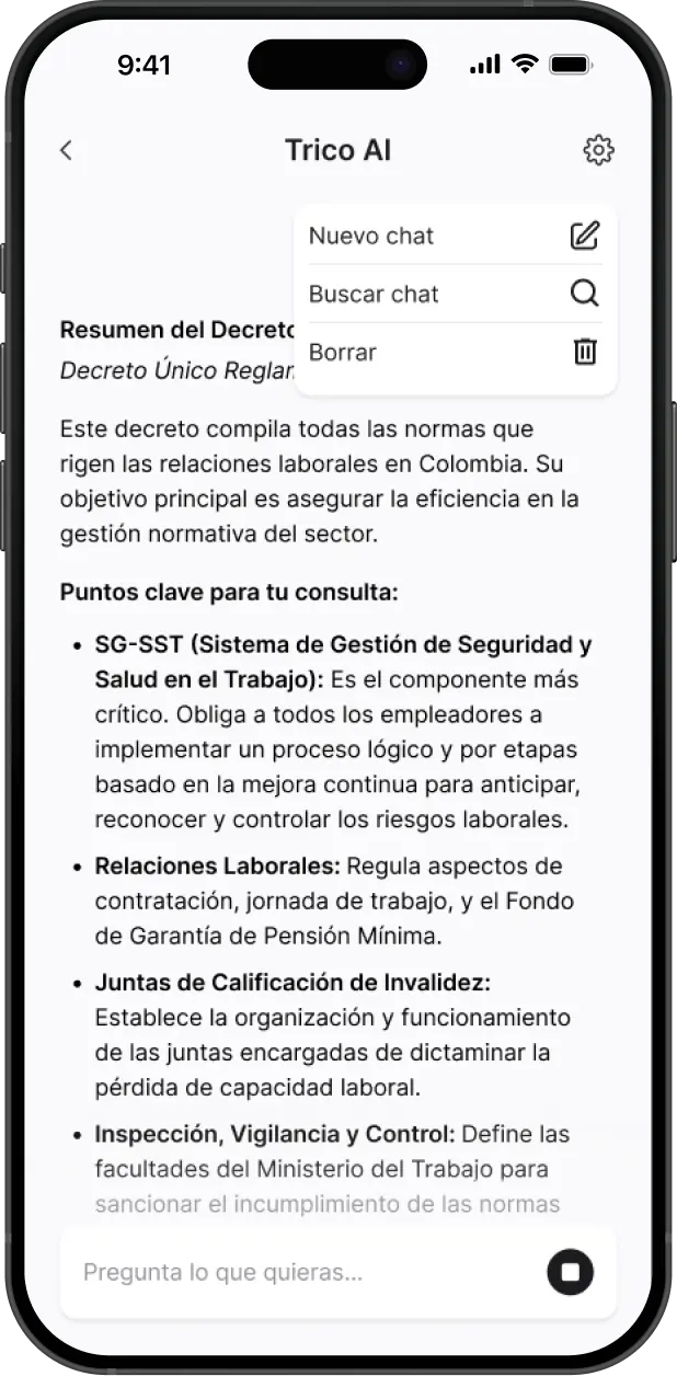 Trico AI resumiendo un decreto con sus puntos clave