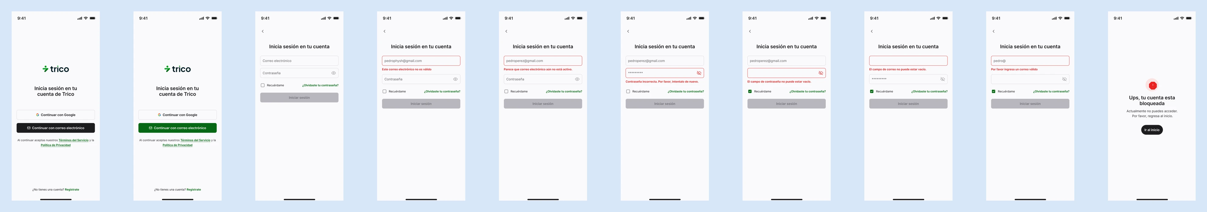 Pantallas de inicio de sesión con errores de correo inválido, contraseña incorrecta, campos vacíos y cuenta bloqueada