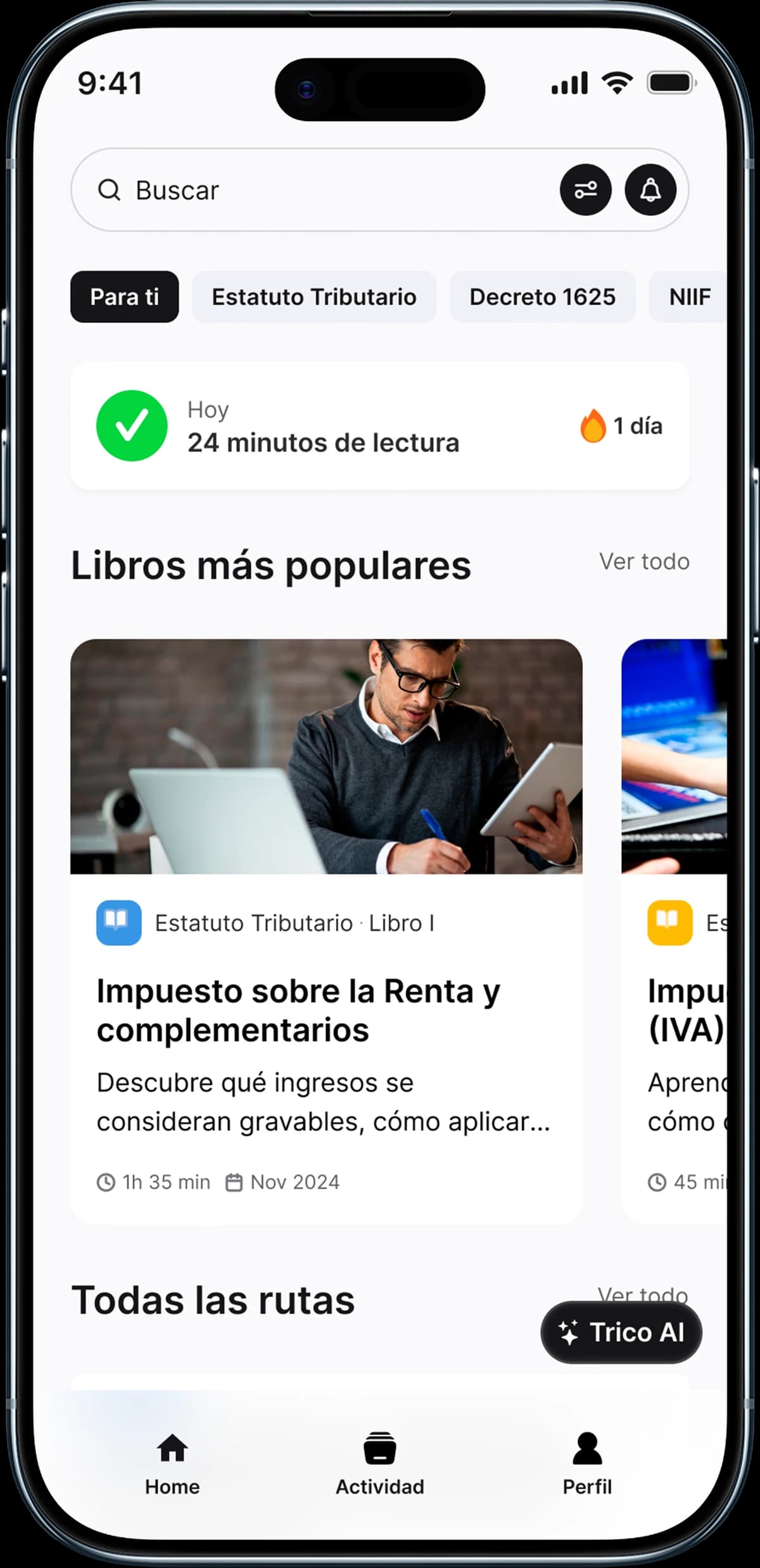 Inicio de Trico con minutos de lectura del día y libros populares