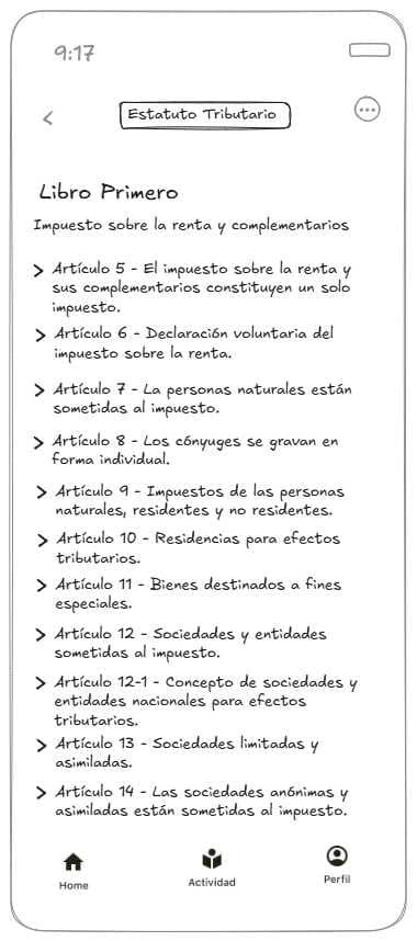 Wireframe del índice del Estatuto Tributario con la lista de artículos