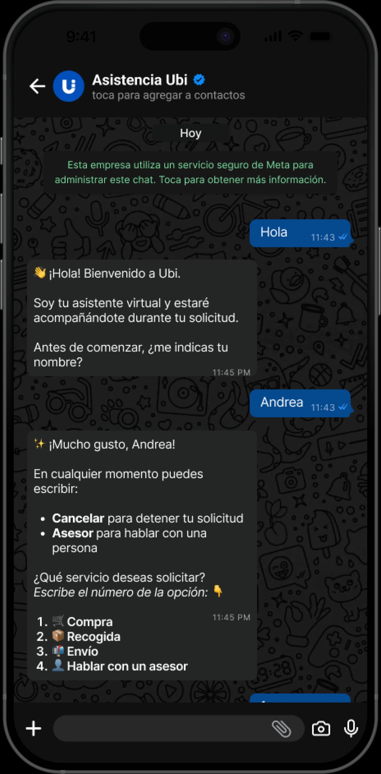 Chatbot de Ubi saludando y ofreciendo cuatro opciones numeradas: compra, recogida, envío o hablar con un asesor