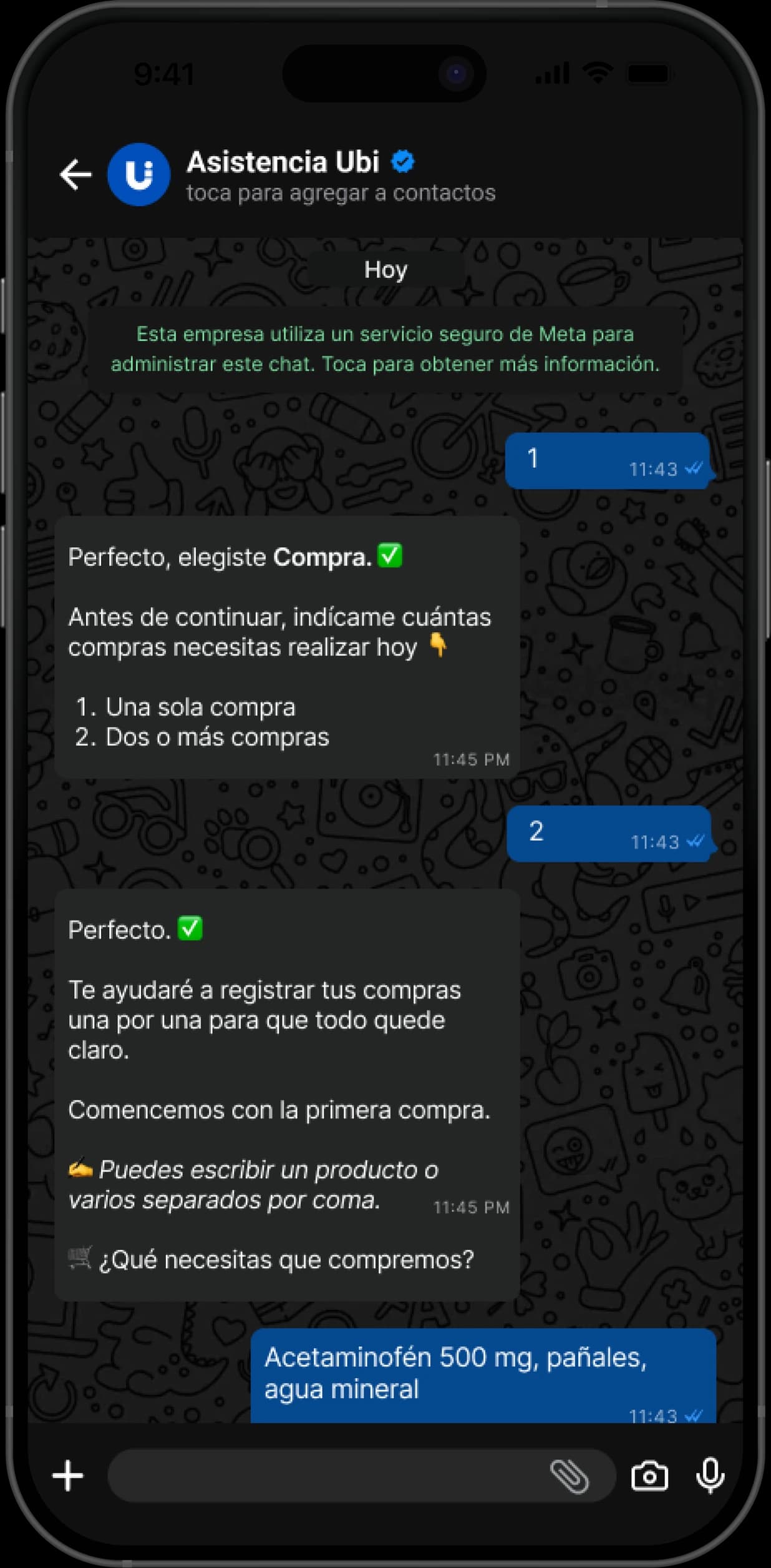 Chatbot de Ubi registrando la lista de una compra