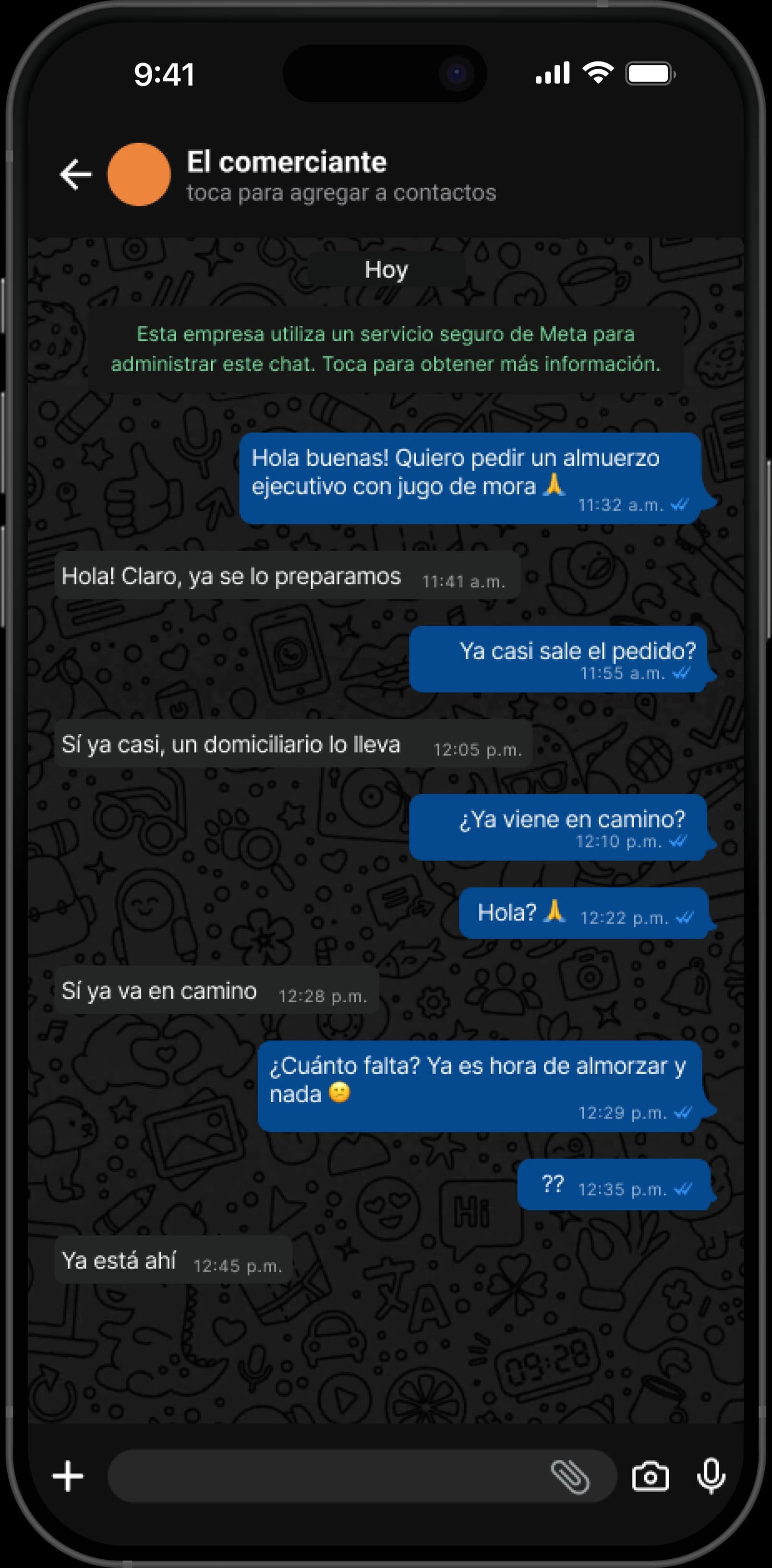 Chat de WhatsApp con un comercio: el cliente pregunta varias veces si su pedido ya viene en camino