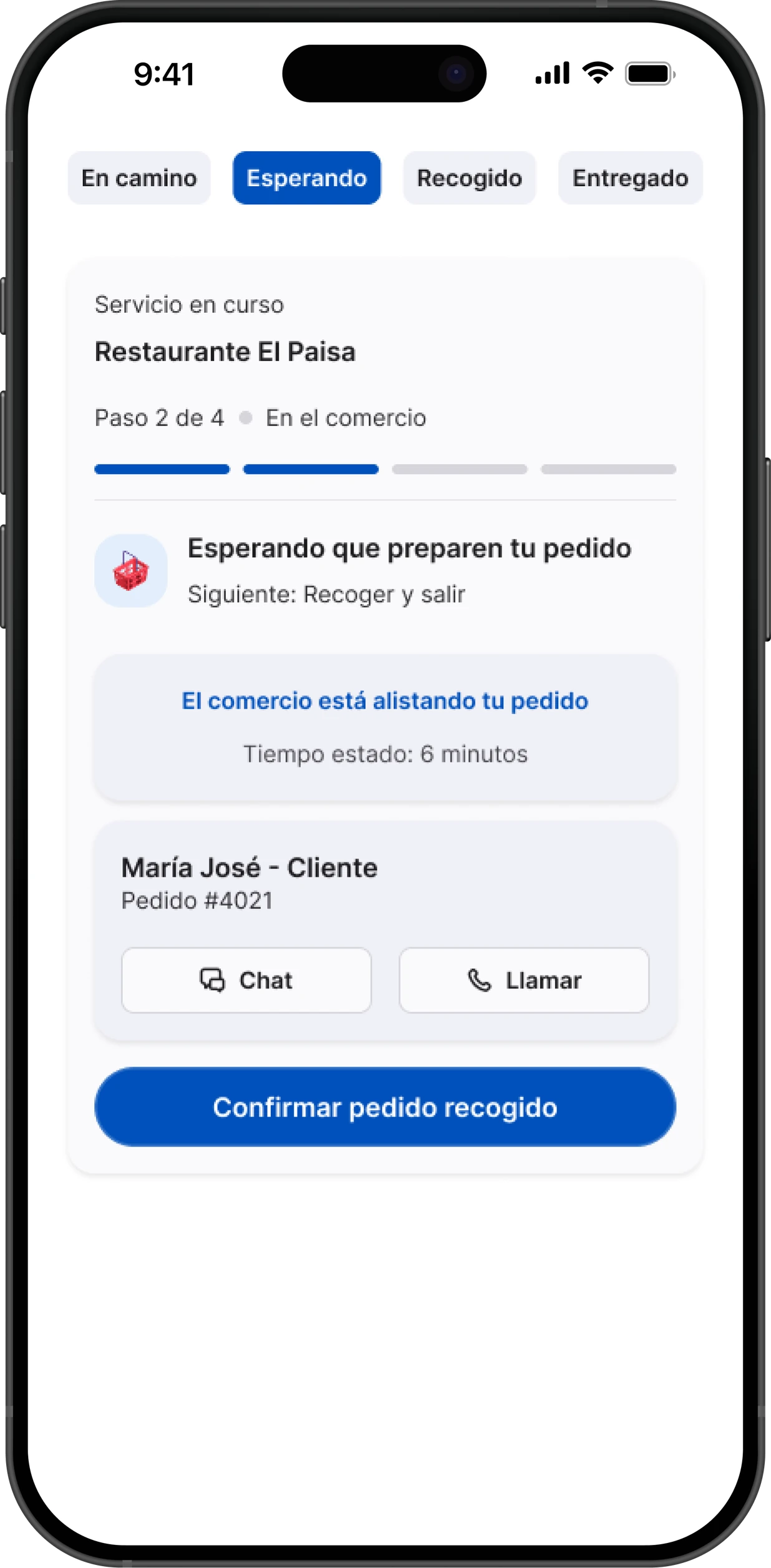 Paso 2: esperando que preparen el pedido, con el botón Confirmar pedido recogido