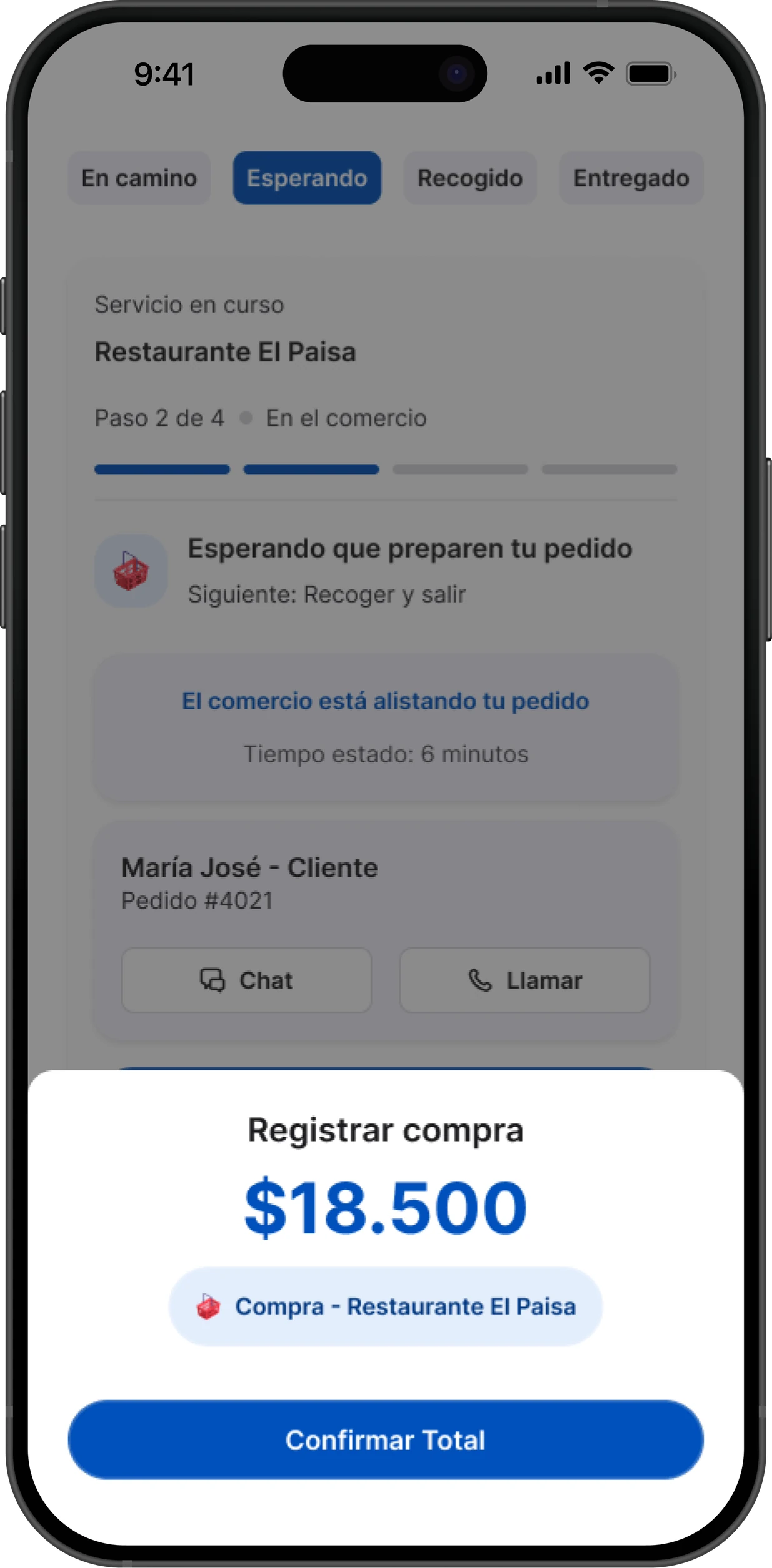 Registro del valor de la compra en el comercio, con el botón Confirmar total