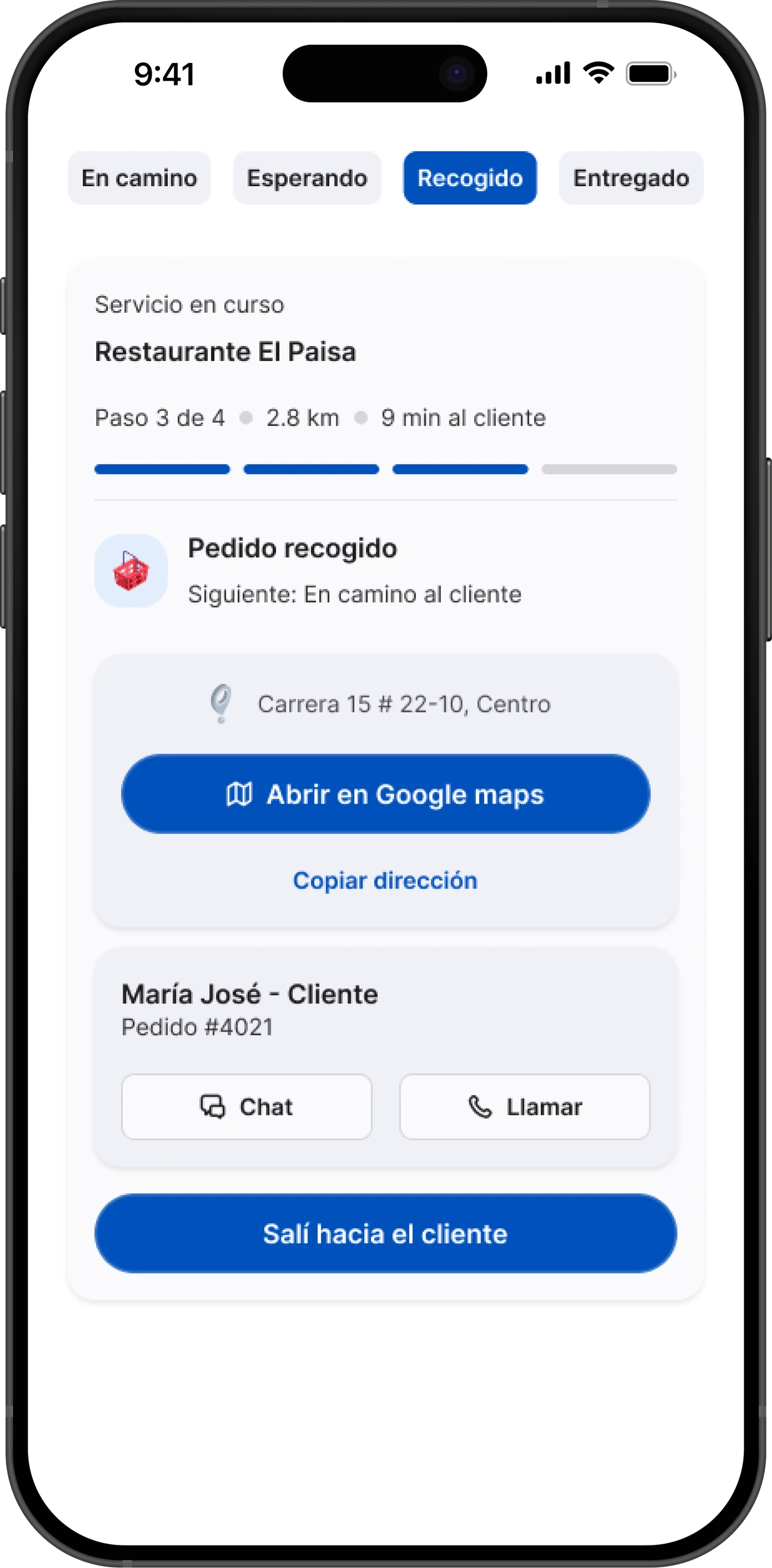 Paso 3: pedido recogido, con el botón Salí hacia el cliente
