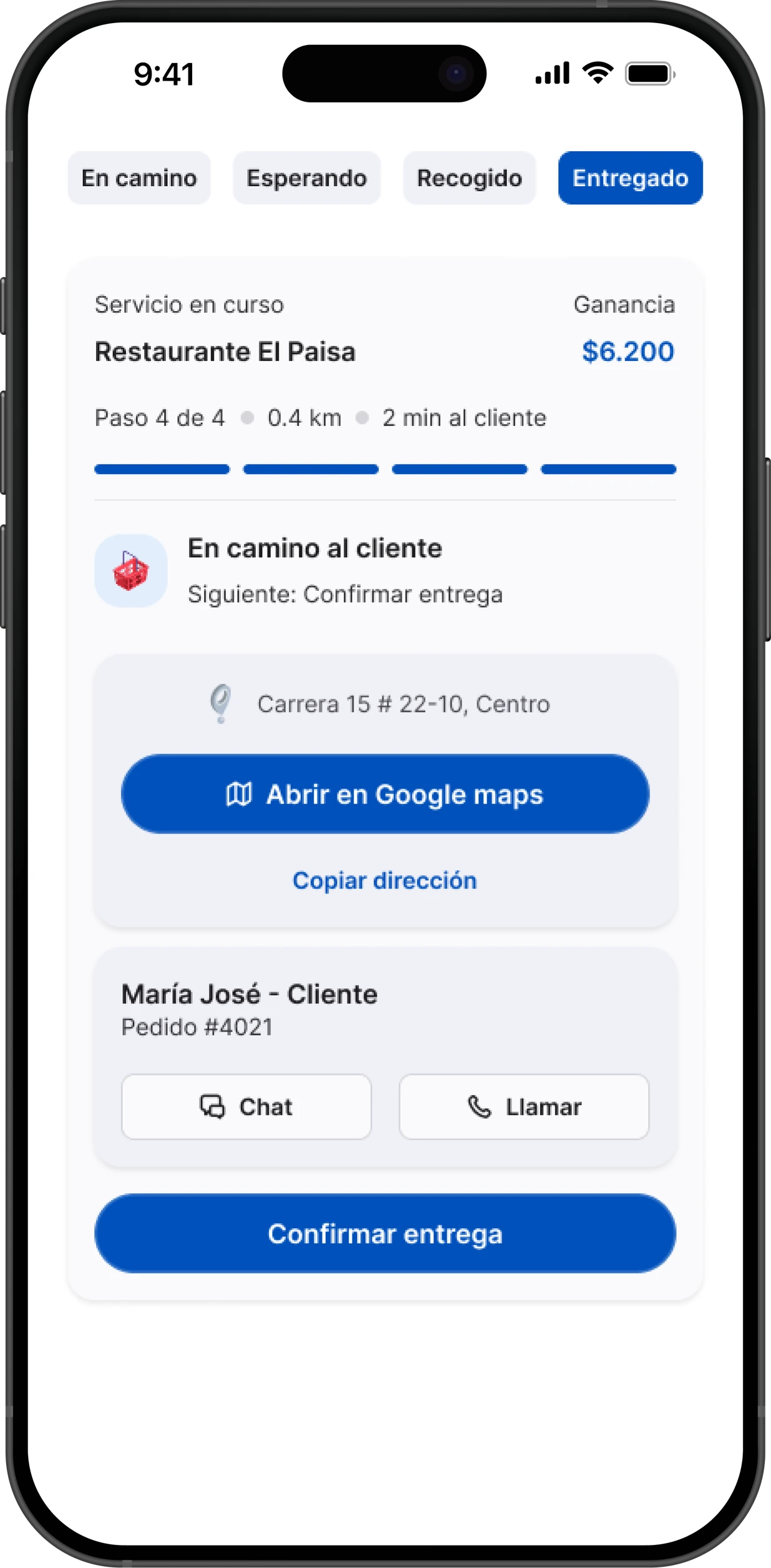 Paso 4: en camino al cliente, con el botón Confirmar entrega