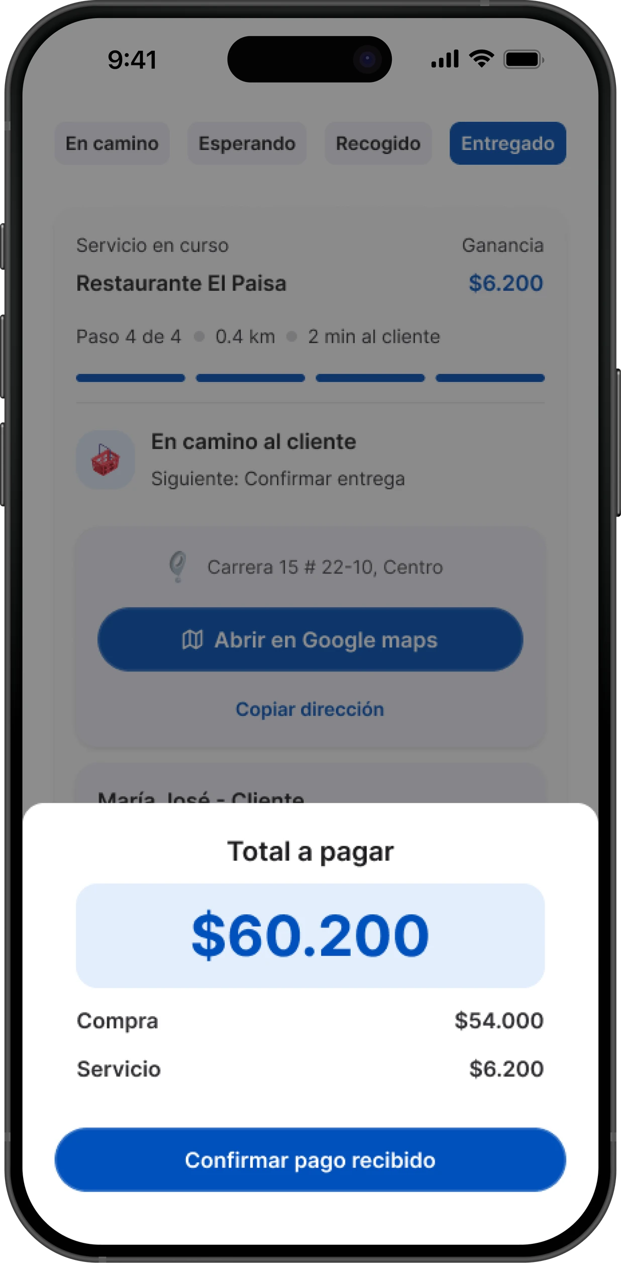 Total a pagar al entregar, dividido entre compra y servicio, con el botón Confirmar pago recibido