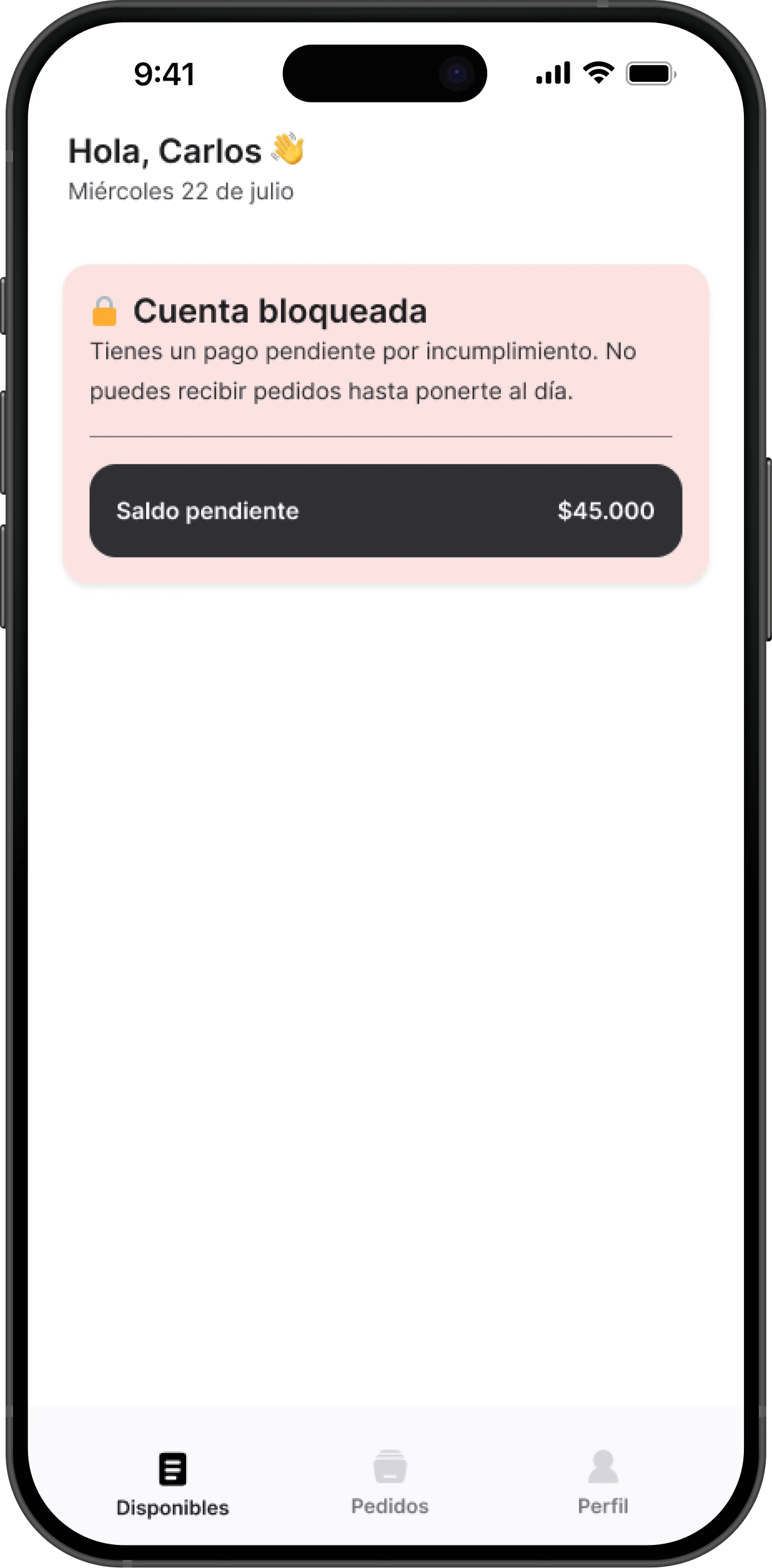 Cuenta bloqueada por un pago pendiente, con el saldo a pagar