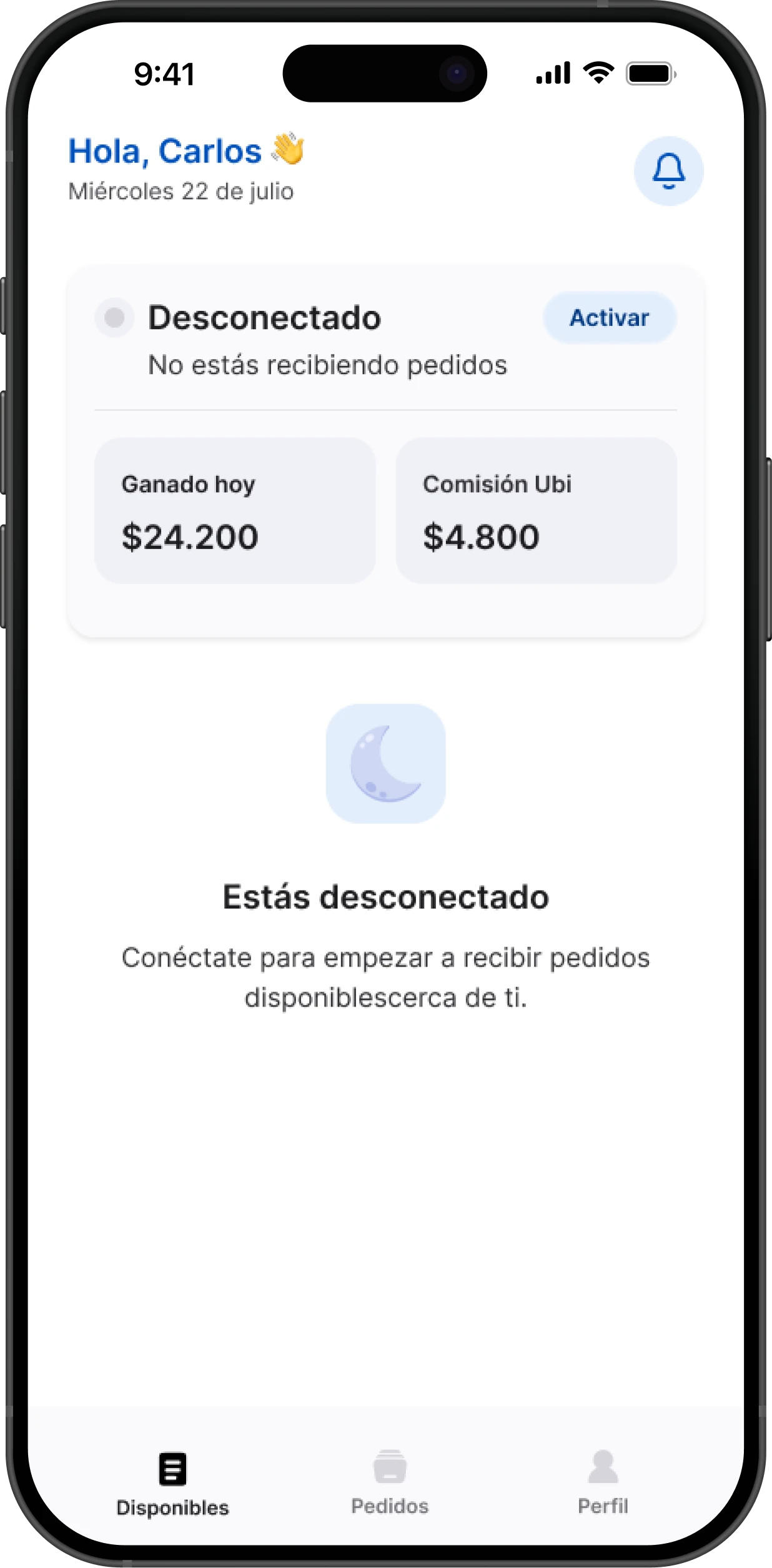 Inicio del domiciliario desconectado, con la invitación a conectarse para recibir pedidos
