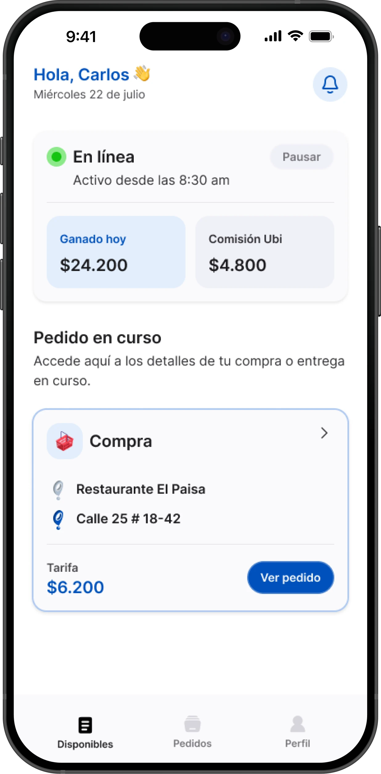 Inicio del domiciliario en línea, con ganancias del día y un pedido en curso