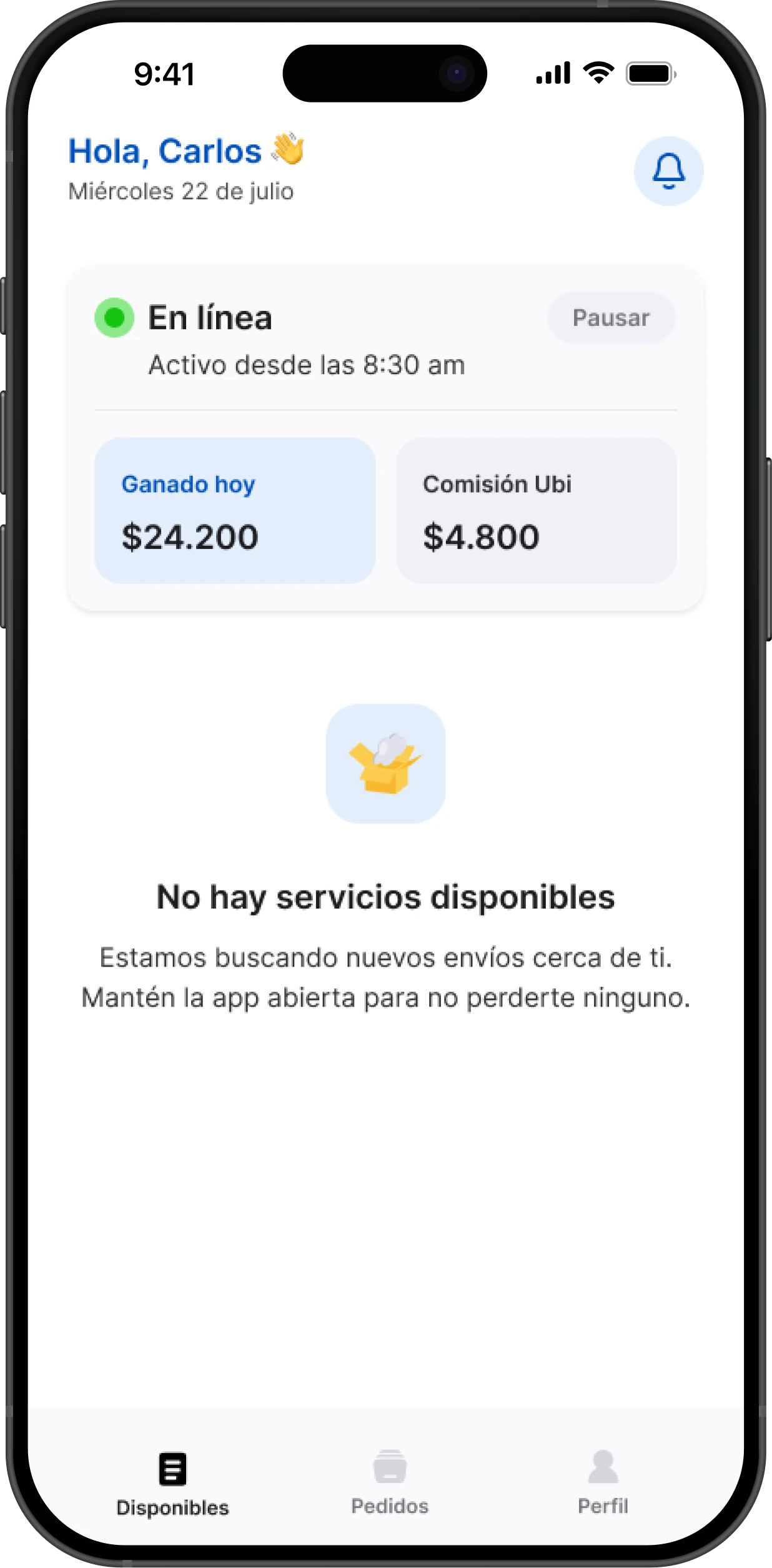 Inicio en línea sin servicios disponibles cerca