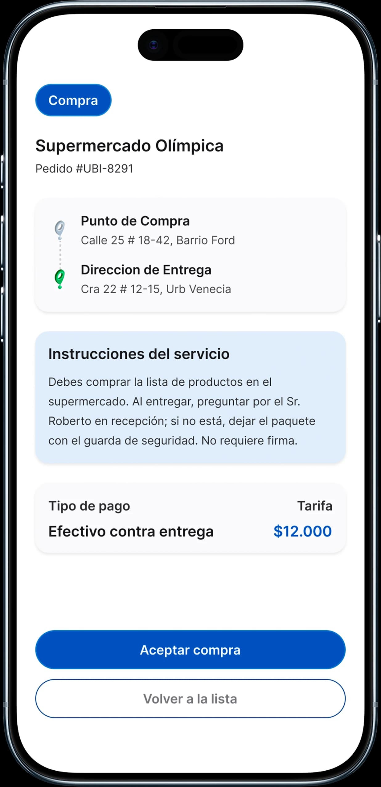 Detalle de un servicio de compra en supermercado, con instrucciones y pago contra entrega