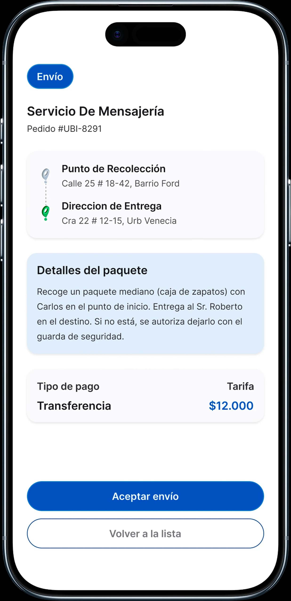 Detalle de un servicio de envío de un paquete, con pago por transferencia
