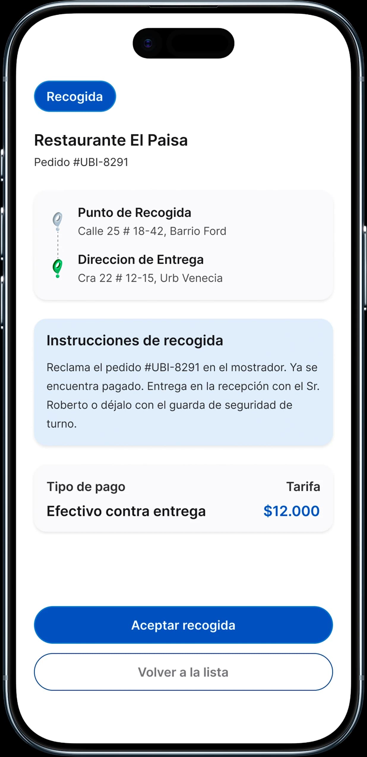 Detalle de una recogida de un pedido ya pagado en un restaurante