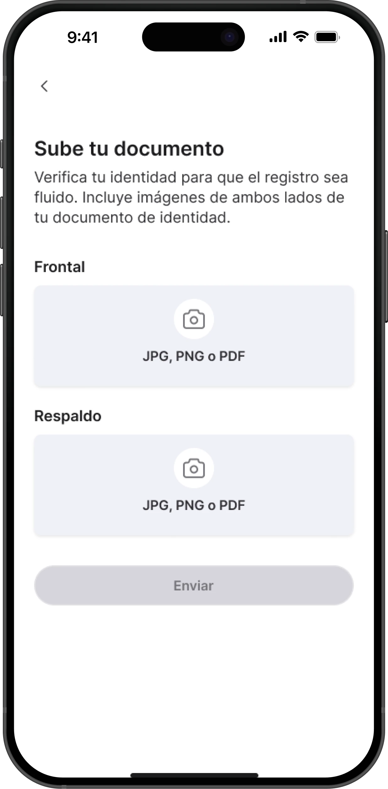 Carga de un documento por ambos lados, frontal y respaldo, en JPG, PNG o PDF