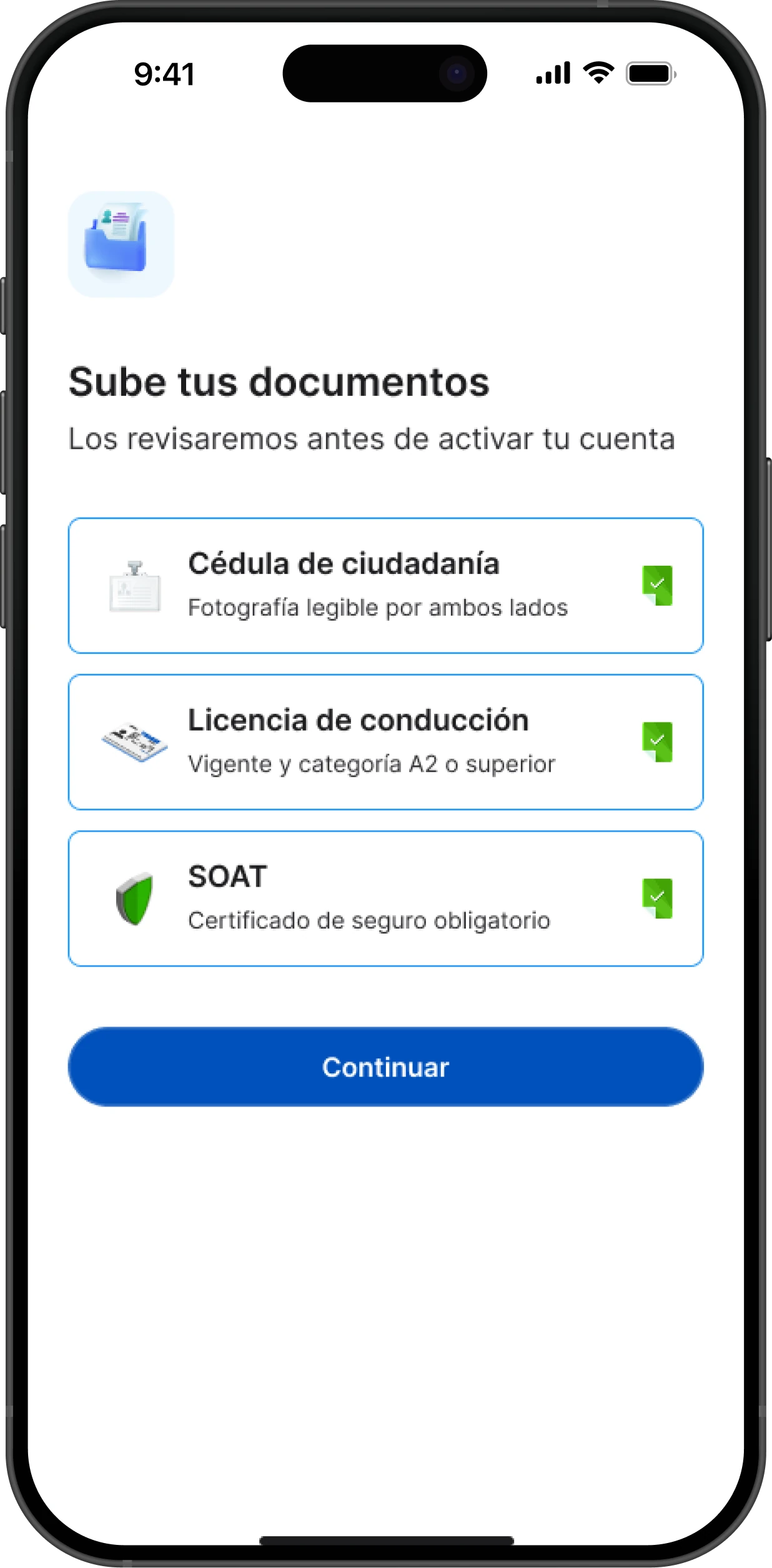 Carga de documentos del domiciliario: cédula, licencia de conducción y SOAT