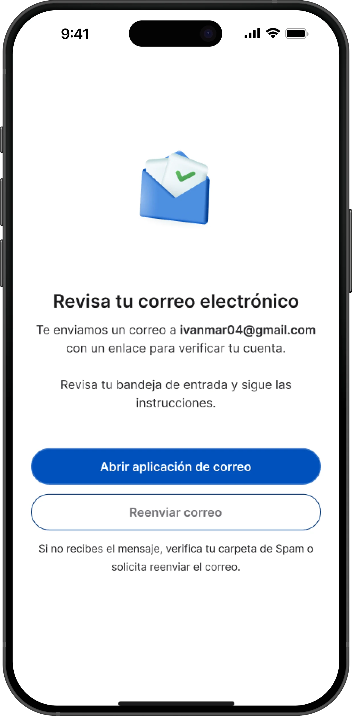 Verificación del correo: aviso de que se envió un enlace, con los botones para abrir la aplicación de correo y reenviarlo