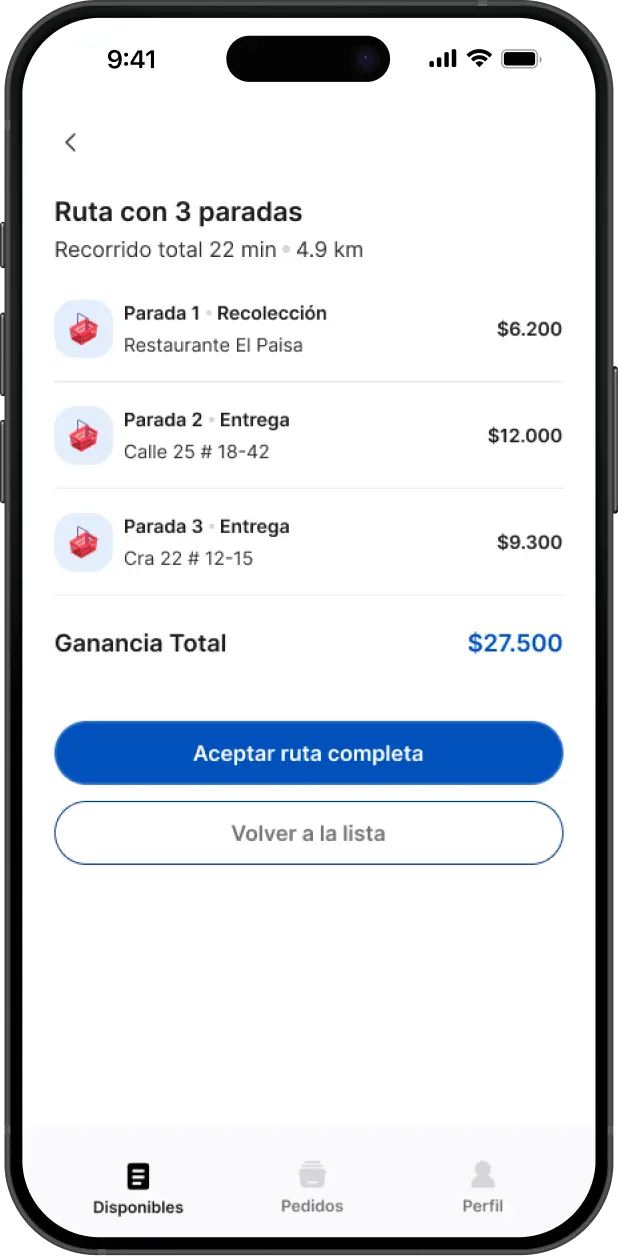 Ruta con tres paradas y la ganancia total del recorrido